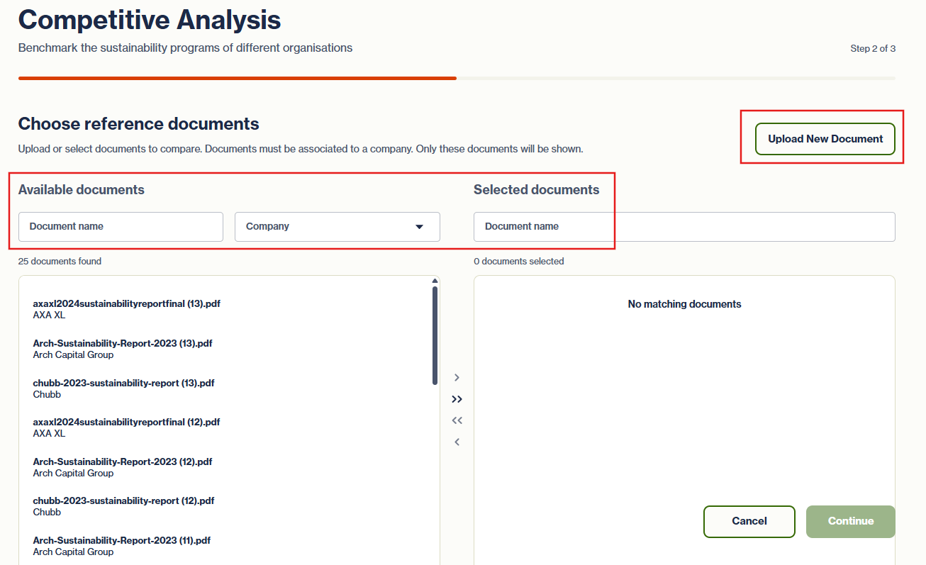 Muuvment IQ interface: Select documents that adhere to ESG or Sustainability reporting standards and provide a comprehensive view of the company's sustainability performance to ensure you receive relevan