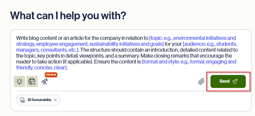 Muuvment IQ interface: After selecting your source(s) and reviewing your prompt, click " Send " to proceed.