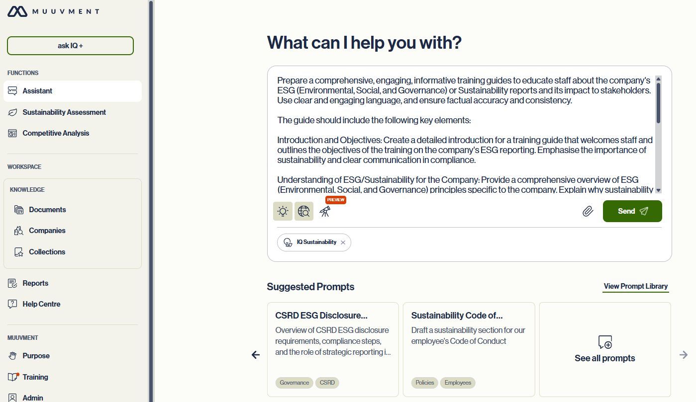 Muuvment IQ interface: Start by providing instructions to your dedicated sustainability assistant. Think of your work with Assistant as a consultation process.